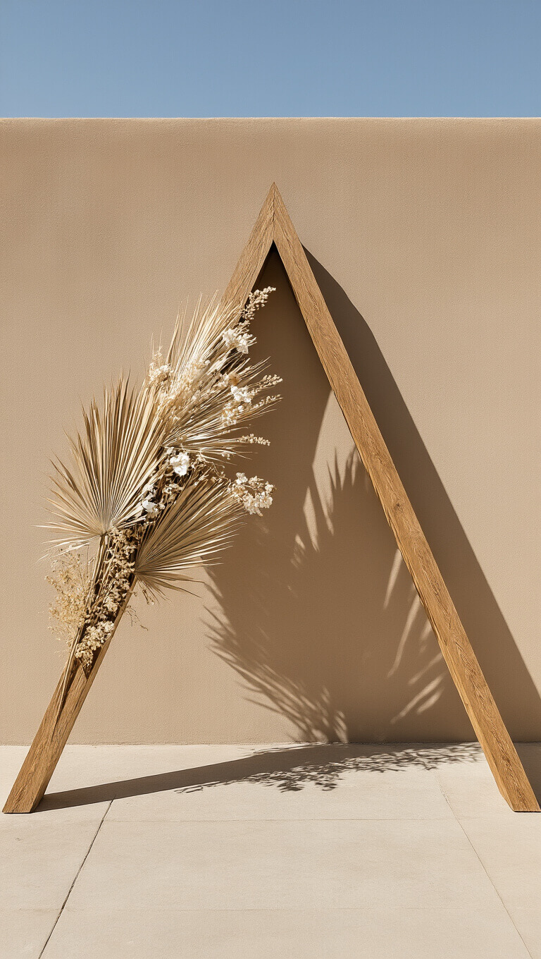 Minimalist desert-themed arch with dried palms and florals against adobe wall, casting geometric midday shadows.