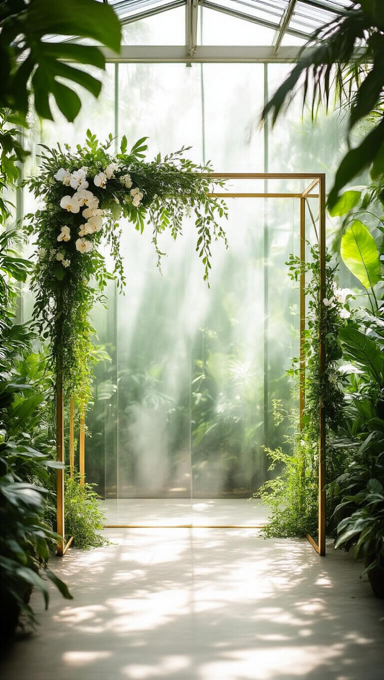 Modern greenhouse wedding arch with geometric frame, orchids, trailing vines, and air plants, surrounded by tropical foliage and soft natural light.