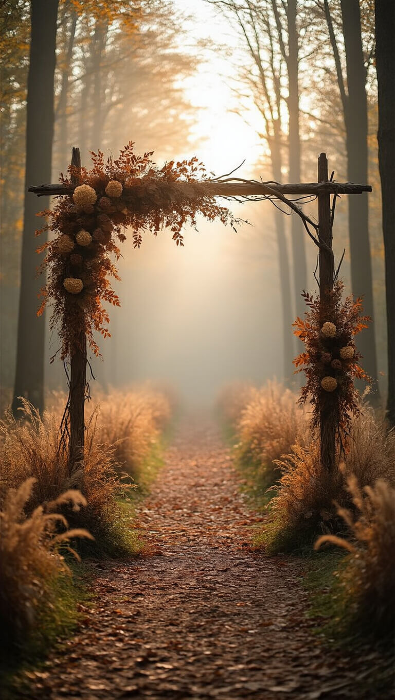 Autumn forest ceremony arch made of fallen branches, decorated with dried hydrangeas, oak leaves, and wild grasses, surrounded by morning mist and sunbeams, viewed from the aisle with rich earth tones.