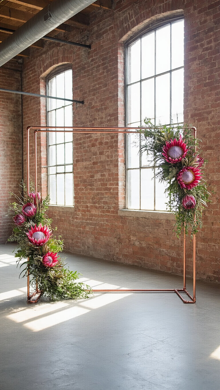 Industrial loft wedding backdrop with copper pipe arch, king protea flowers, and air plants; dramatic afternoon light casting shadows against exposed brick and concrete tones.