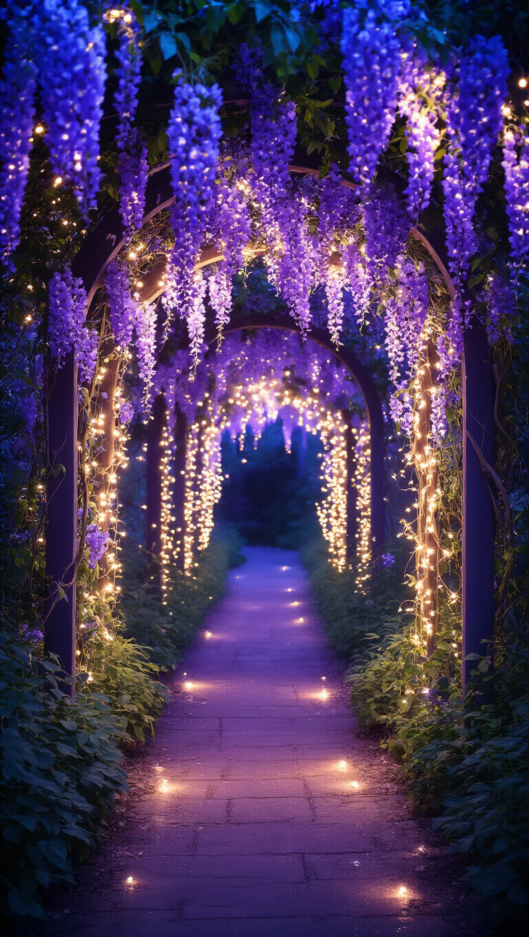 View from below of a night garden ceremony arch adorned with glowing lights and draped in wisteria and jasmine vines, bathed in deep purple, midnight blue, and warm white hues.