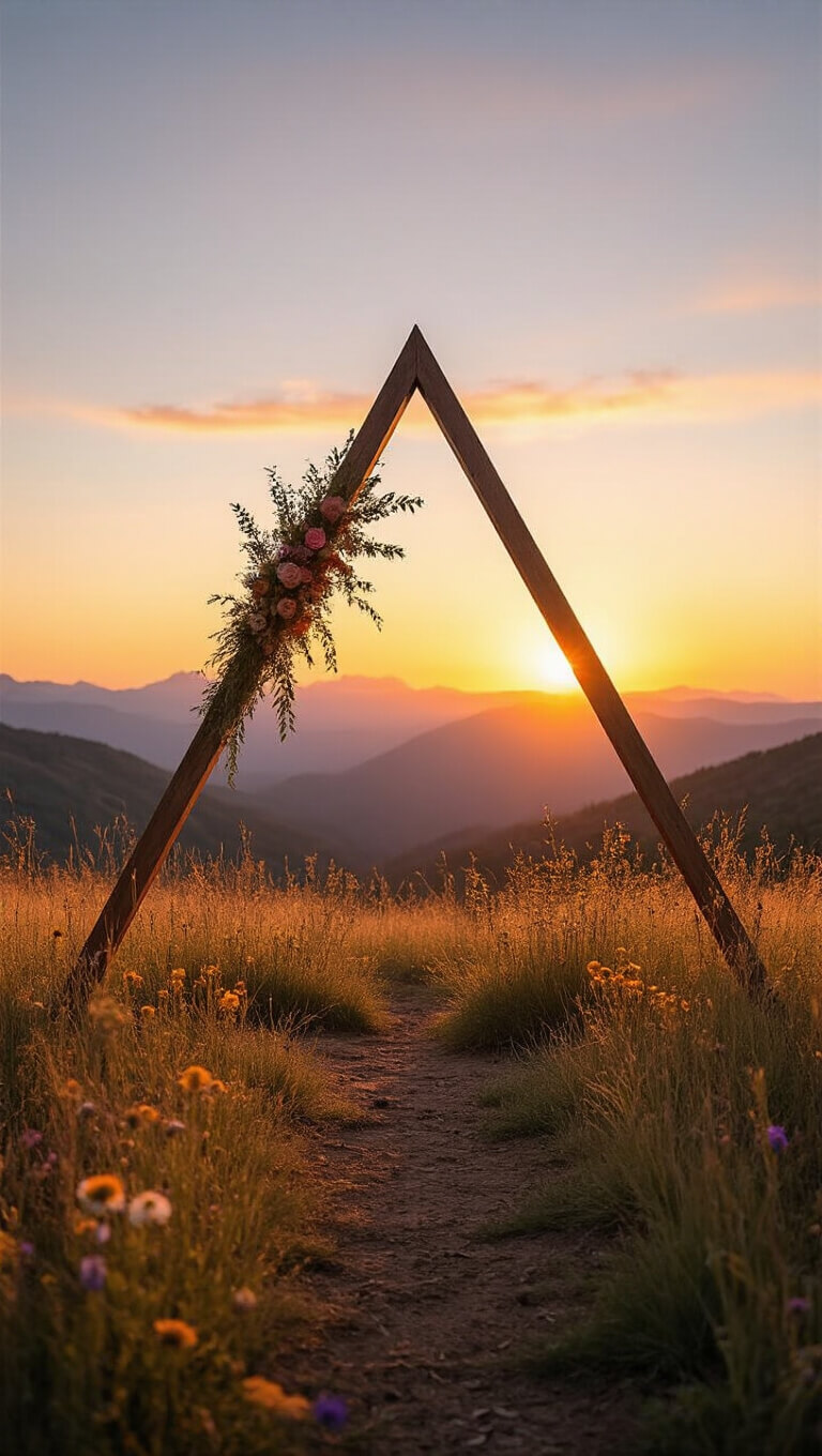 Triangular wooden ceremony arch with wild grasses and wildflowers set against a dramatic mountain landscape at sunset, bathed in warm orange and purple hues.