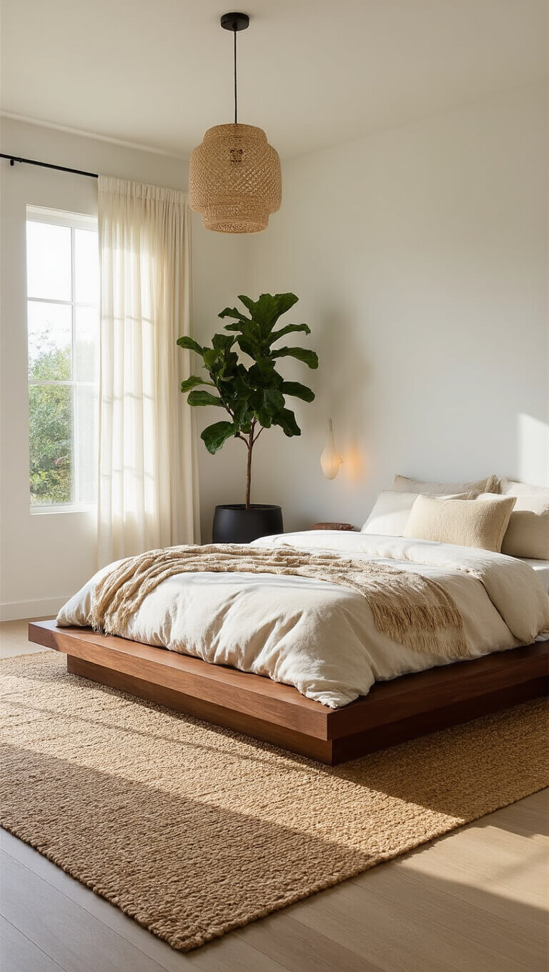 Modern sunlit bedroom with walnut platform bed, jute rug, fiddle leaf fig, and layered neutral bedding.