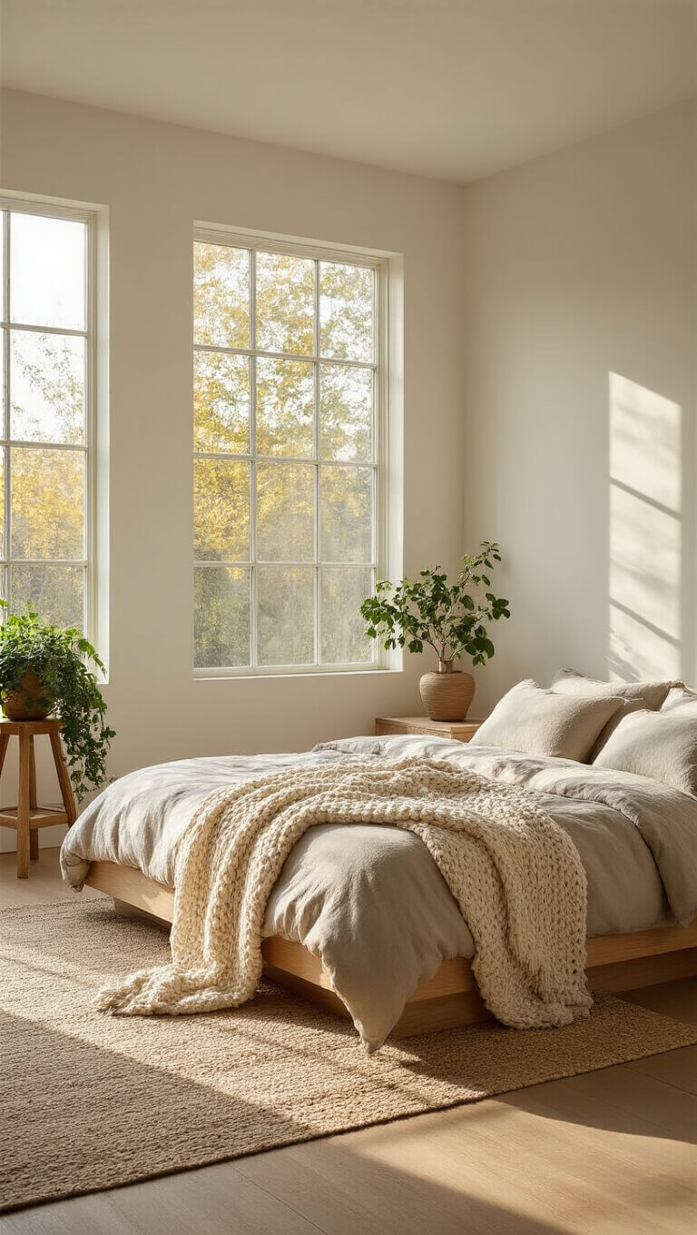 Corner view of organic modern bedroom with stone-washed linen bed, ivory knit throw, bleached maple nightstands, and golden light highlighting textured white walls and raw oak floors.