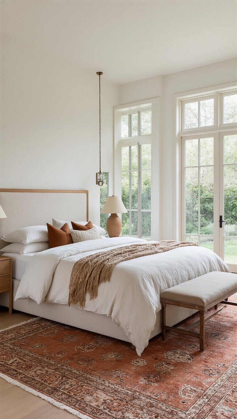 Minimalist 15x18ft primary bedroom with white oak headboard, layered neutral bedding, vintage terracotta rug, floor-to-ceiling garden-view windows, and ceramic lamps in diffused natural light.