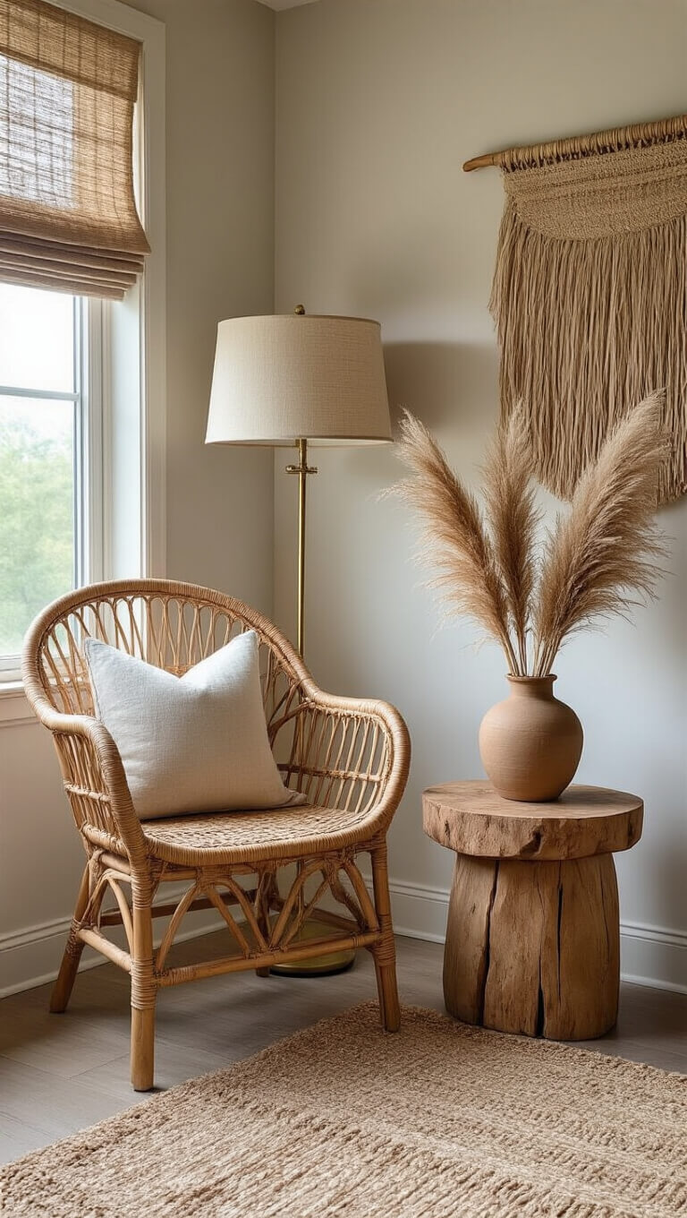 Cozy bedroom corner with rattan chair, raw wood side table, ceramic vase with pampas grass, woven wall hanging, and vintage brass lamp in dramatic side lighting.