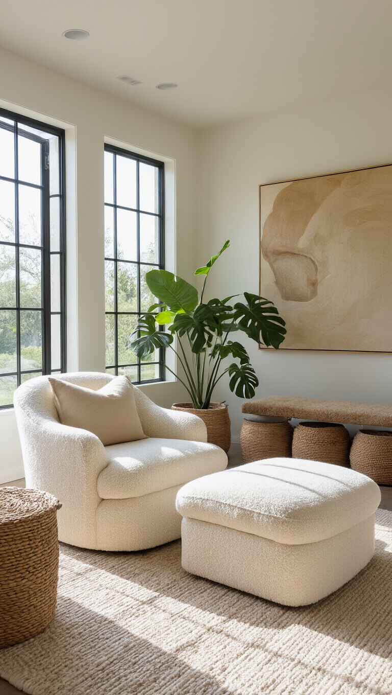 Curved creamy white bouclé armchair and ottoman in sunlit master bedroom seating area with abstract earth-toned artwork, handwoven baskets, Mongolian wool throw, and Monstera plant.