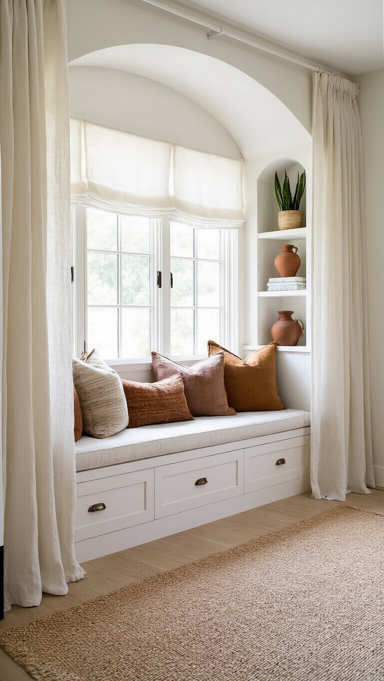 Sunlit bedroom with white oak window seat, earth-tone pillows, ceramic vessels on shelf, sheer linen curtains, and potted snake plants.