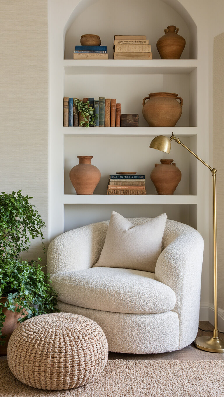 Cozy reading nook in 13x15ft bedroom featuring a curved bouclé chair between built-in bookshelves, jute pouf, vintage brass floor lamp, grasscloth walls, earthenware vessels, and trailing ivy.