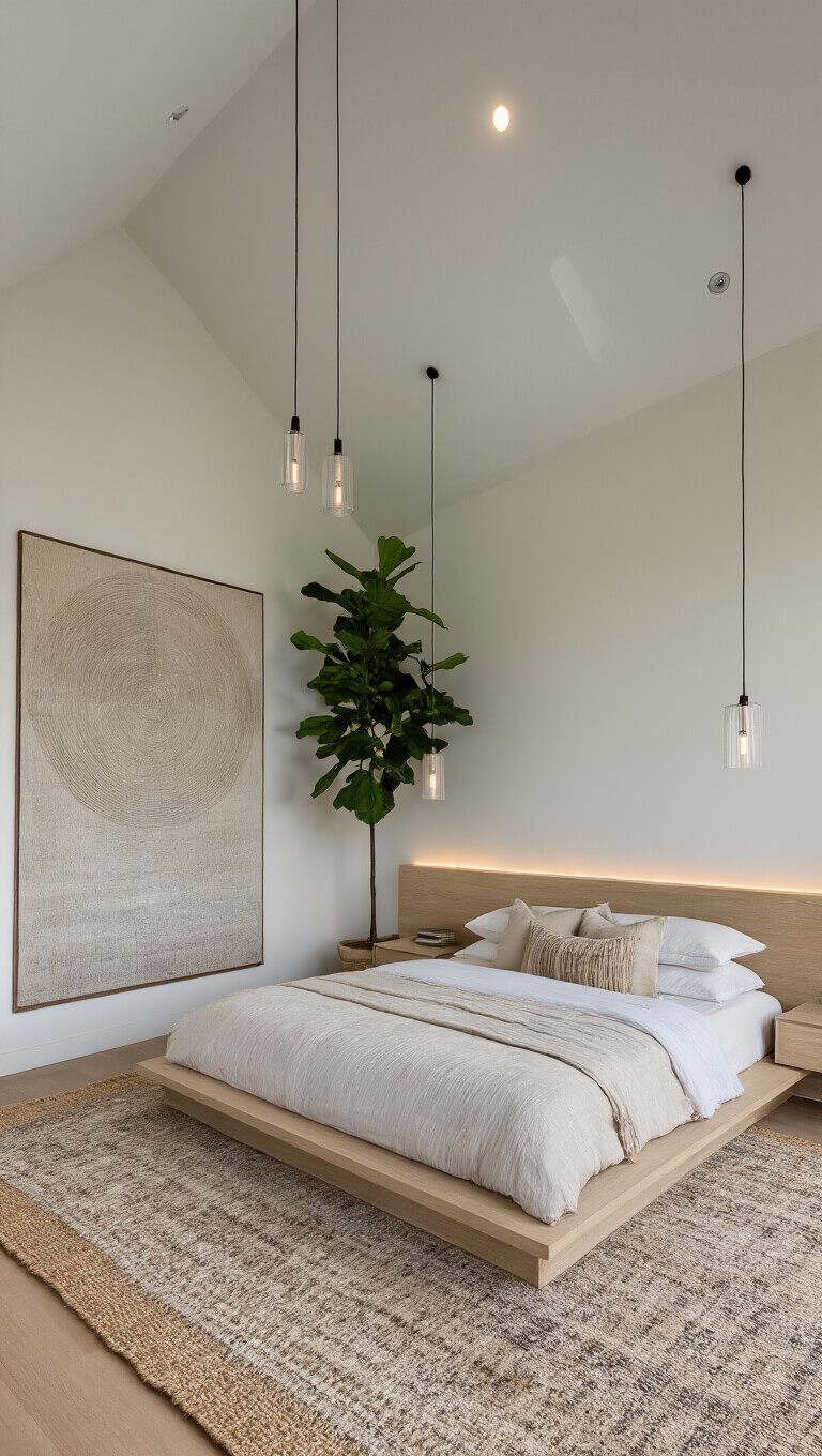 Modern 16x18ft primary bedroom with vaulted ceiling, bleached oak platform bed with built-in nightstands, neutral oversized textural artwork, layered jute and vintage rugs, trio of pendant lights, tall fiddle leaf fig tree, and dramatic uplighting highlighting spacious architecture.