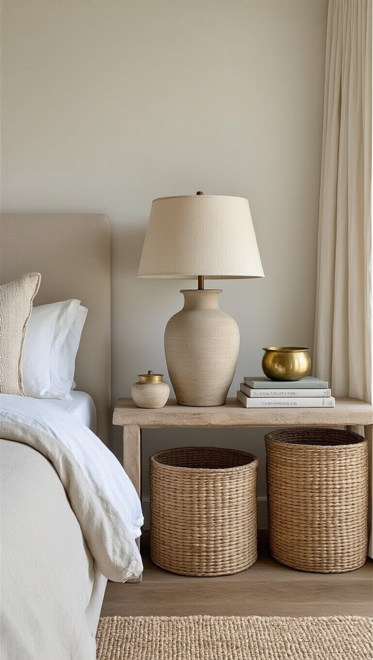 Minimalist guest bedroom with low-profile linen bed, ceramic lamps, vintage art books, brass accents, woven baskets, and sheer drapes in soft diffused light.
