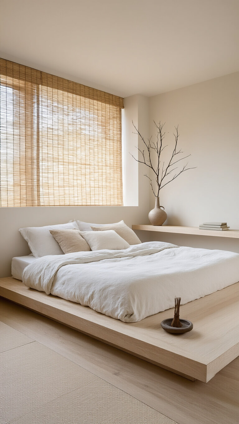 Minimalist 14x15ft zen bedroom with low whitewashed oak platform bed, soft neutral bedding, bamboo shades, floating shelf with ceramic incense holder, and tall branch in ceramic vase, viewed from low angle.