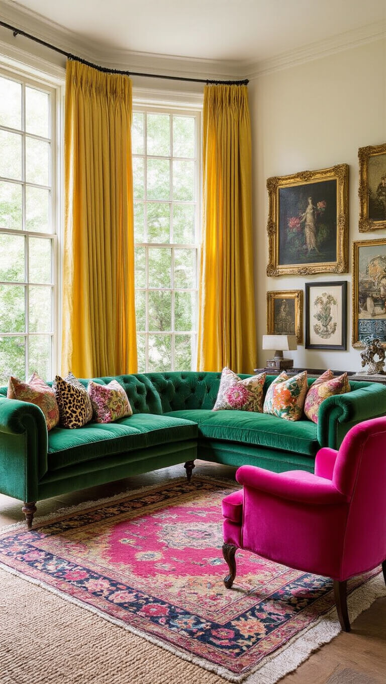 Sunlit living room with emerald tufted sofa, patterned pillows, hot pink accent chair, layered rugs, yellow silk curtains, and eclectic gallery wall under 12-foot ceilings.