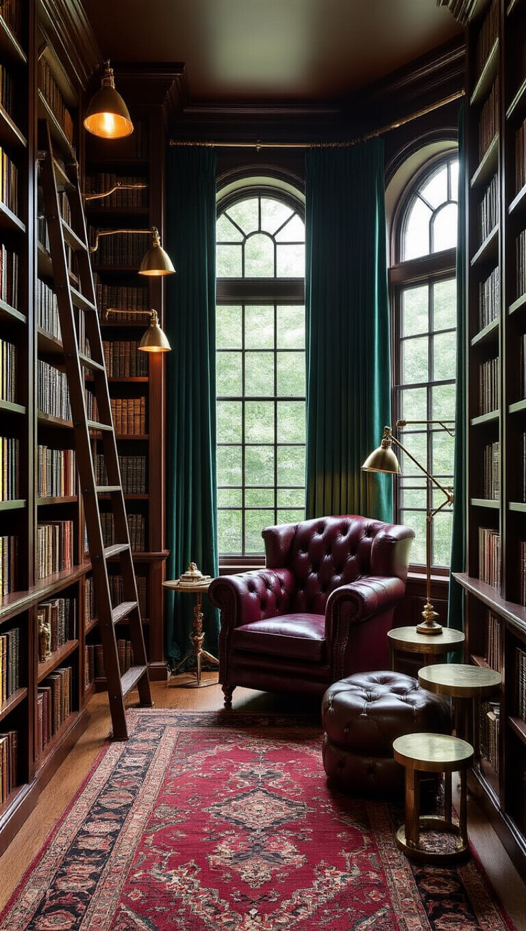 Cozy home library with dark walnut floor-to-ceiling bookshelves, brass task lamps, burgundy Chesterfield chair by arched window with emerald curtains, eclectic bookends, Persian runner, and vintage decor in moody blue hour lighting.