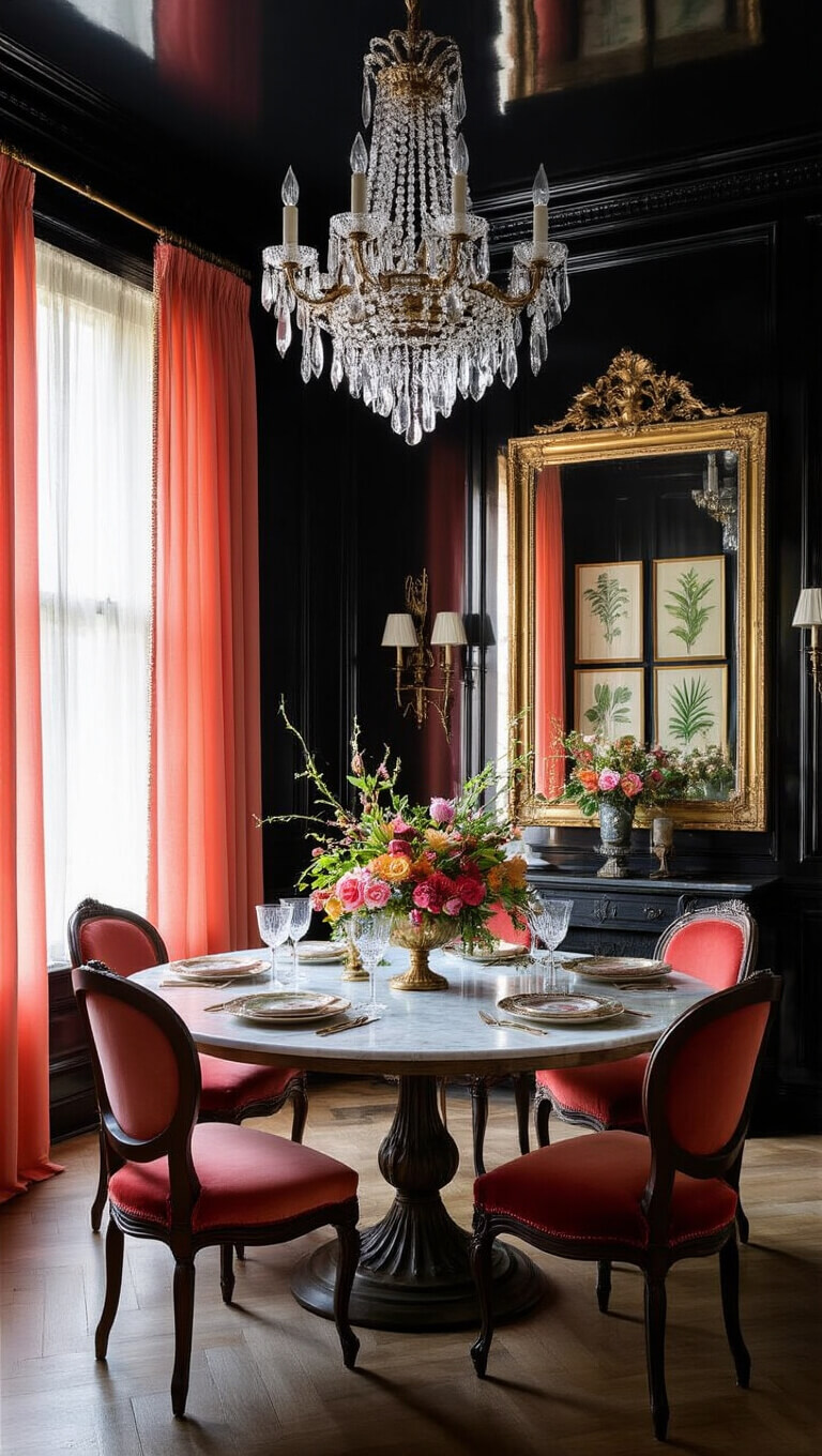 High-angle view of an eclectic dining room with black lacquered walls, coral drapes, mismatched velvet chairs, round marble table, crystal chandelier, gilt mirror, and salon-style botanical prints.