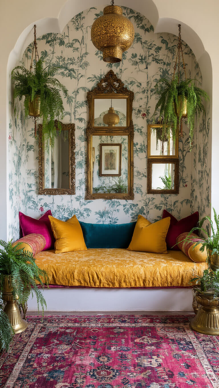 Maximalist meditation alcove with vintage daybed, silk cushions, layered rugs, hanging Moroccan lamps, lush plants, and ornate mirror gallery wall at dawn.