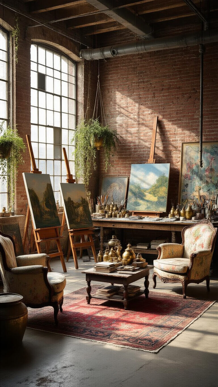 Wide-angle view of an 18'x20' artist's studio with industrial windows, exposed brick, vintage easels, antique art supplies, baroque armchairs, cascading plants, and faded rugs on a concrete floor.