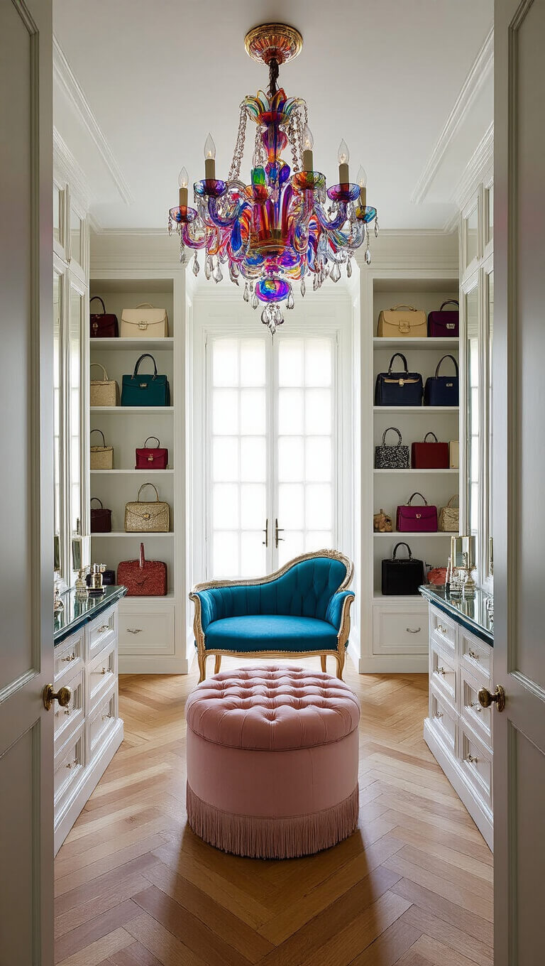 Luxurious dressing room with herringbone floors, vintage Murano chandelier, blush velvet ottoman, white wardrobes, and mirrored vanity surfaces reflecting jewel-toned accessories.