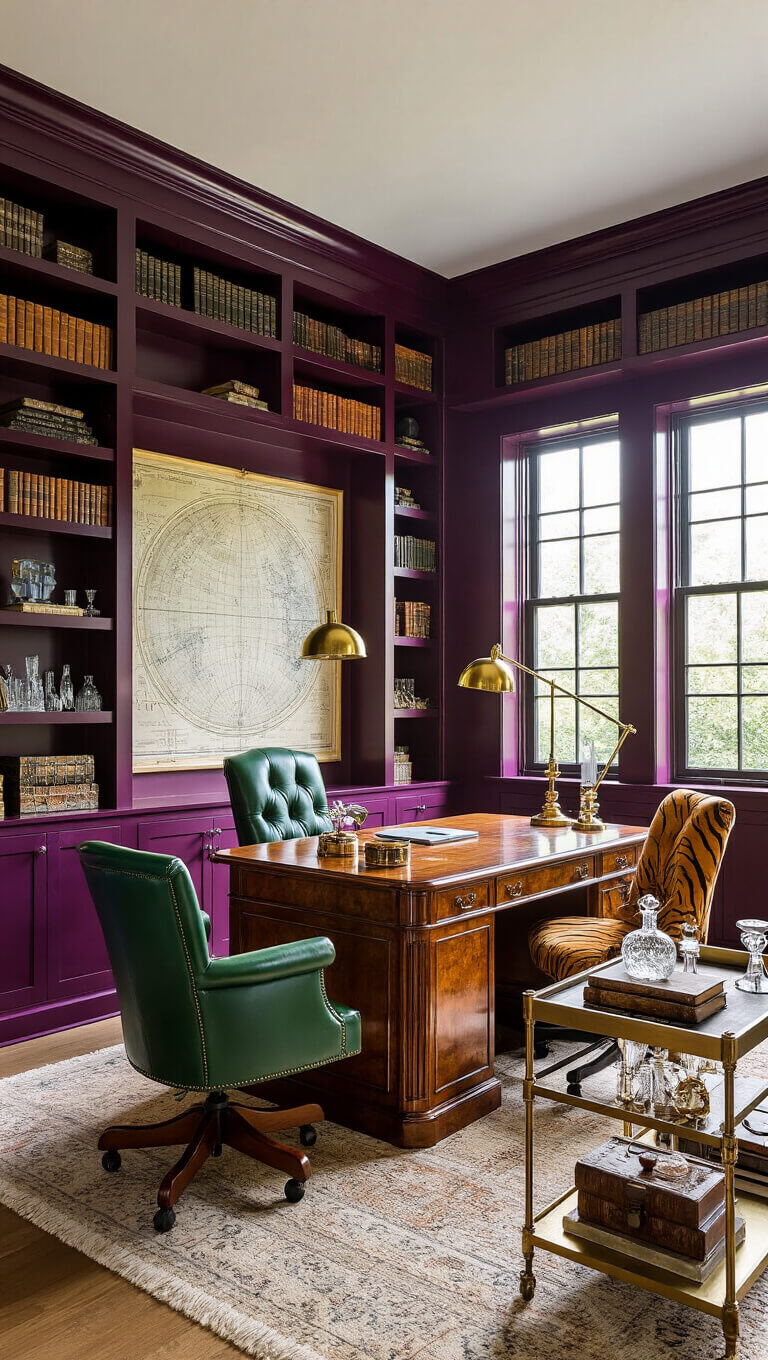 Eclectic 14'x16' home office with aubergine built-in bookshelves, burled wood partner's desk, mismatched vintage chairs, gallery wall of maps and charts, and bar cart with decanters, bathed in golden hour light.