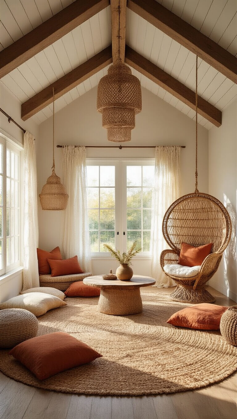 Boho playroom with vaulted ceiling, rattan chair, jute rug, floor cushions, and golden hour light through macramé curtains.