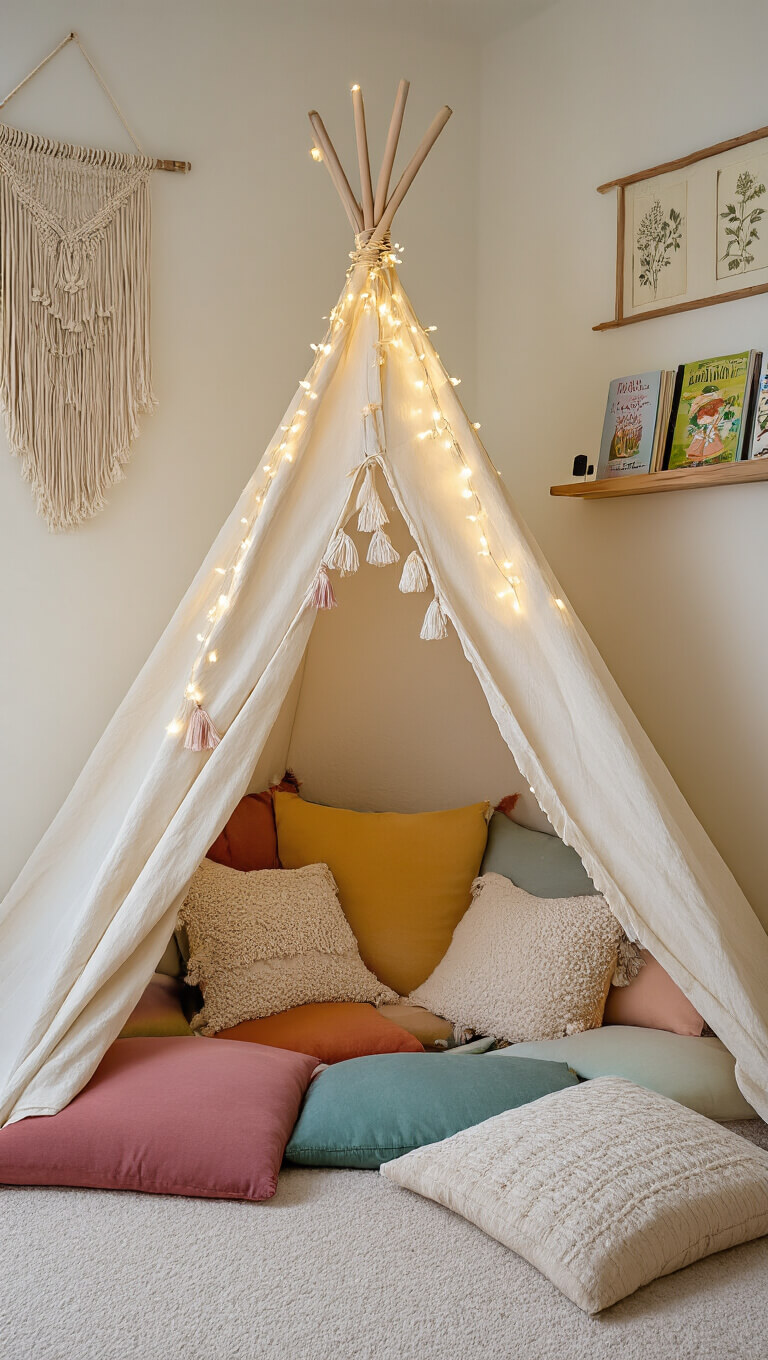 Cream canvas teepee with fairy lights and tassels in a cozy playroom reading nook, surrounded by plush rainbow pillows, a floating shelf of children’s books, and macramé wall art with vintage botanical prints at dusk.