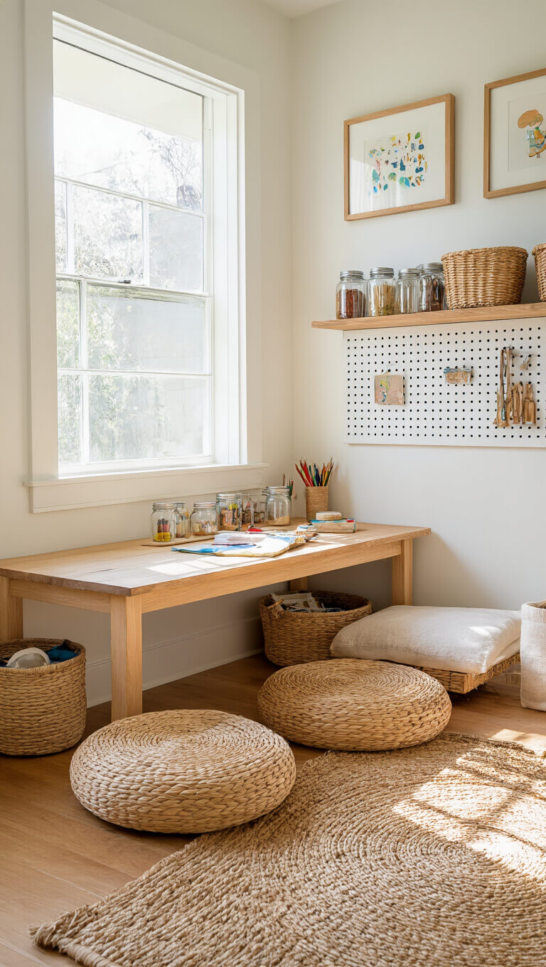Children's art station with low wooden table, grass floor cushions, pegboard tools, and framed artwork on warm white walls, lit by morning sunlight.