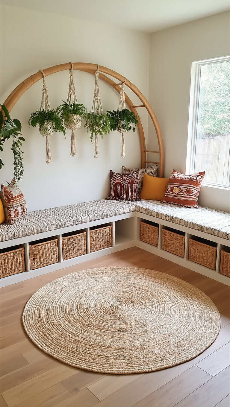 Aerial view of bright play zone with circular braided rug, wooden climbing arch with hanging plants, window seat with mudcloth pillows, and rattan toy baskets along the walls.