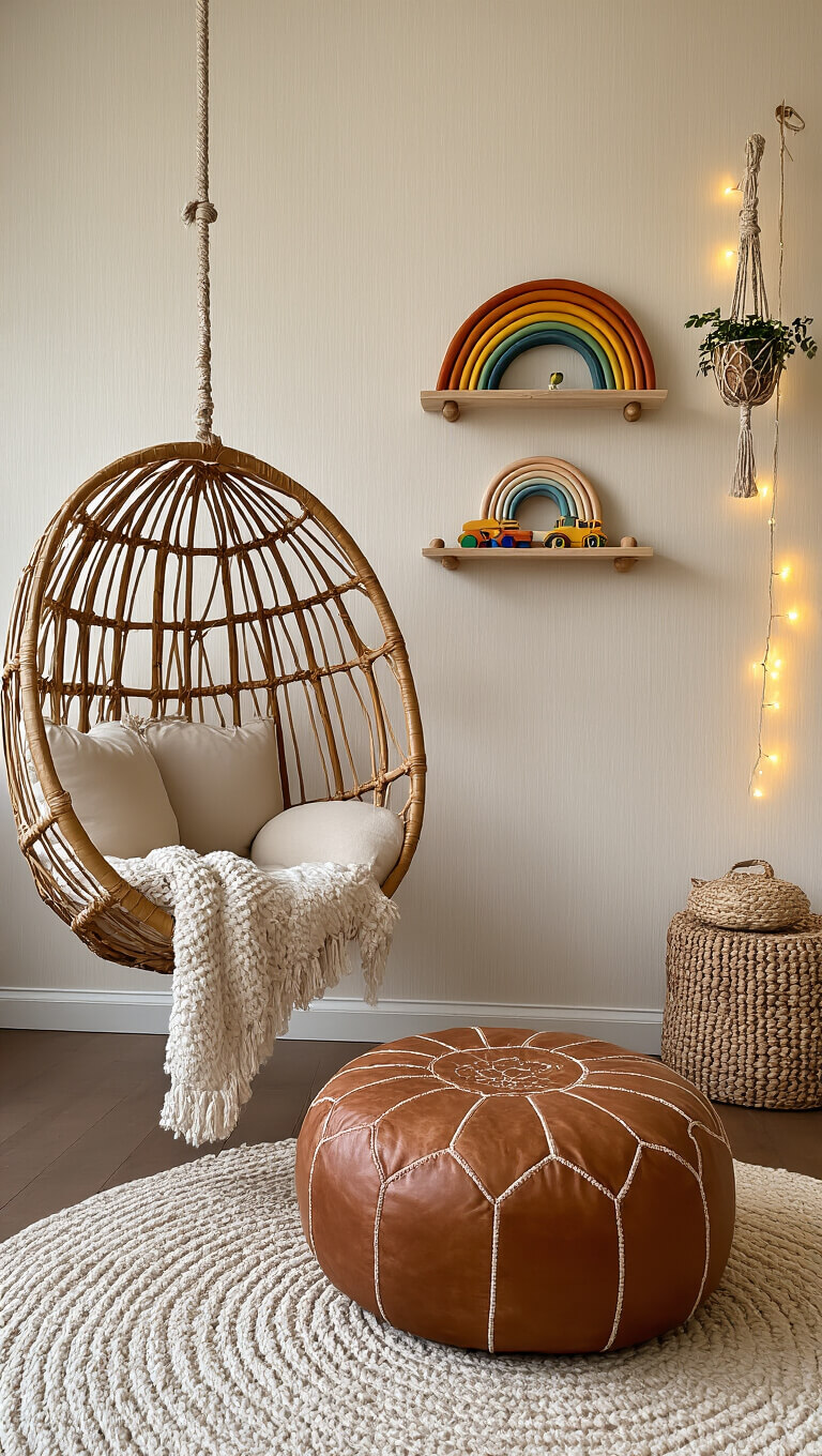 Cozy twilight corner with leather pouf, hanging rattan chair, wooden rainbow shelves, and string-lit macramé plant hangers.