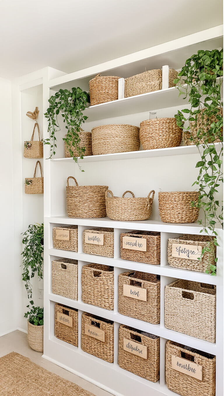 Warm white built-in shelving with seagrass and rattan baskets, hand-lettered wooden labels, and trailing plants in soft morning light.