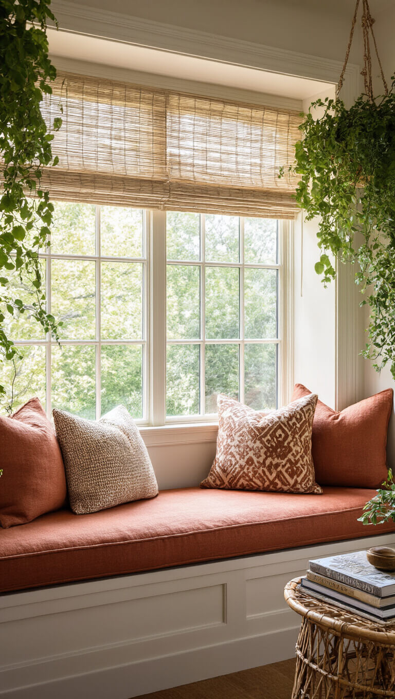 Close-up of cozy window nook with rust linen bench, earth-tone pillows, hanging plants, and soft filtered light through sheer blinds.