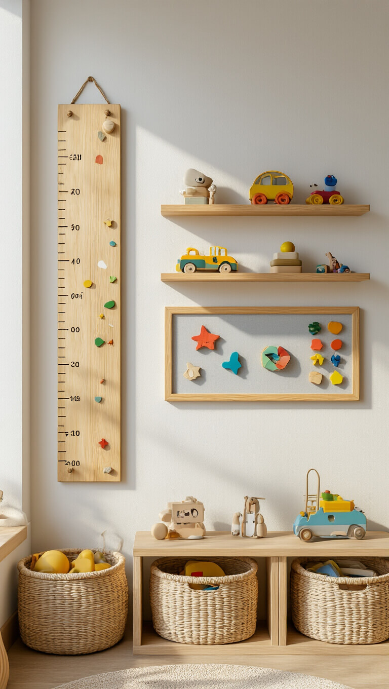 Interactive children's activity wall with wooden growth chart, magnetic board, floating toy shelves, and woven supply baskets in bright daylight.