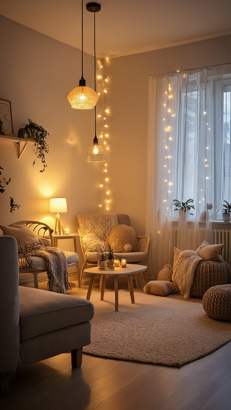 Cozy playroom at golden hour with pendant lights, table lamp, and string lights illuminating intimate corners and warm furnishings, viewed from a slightly elevated angle.