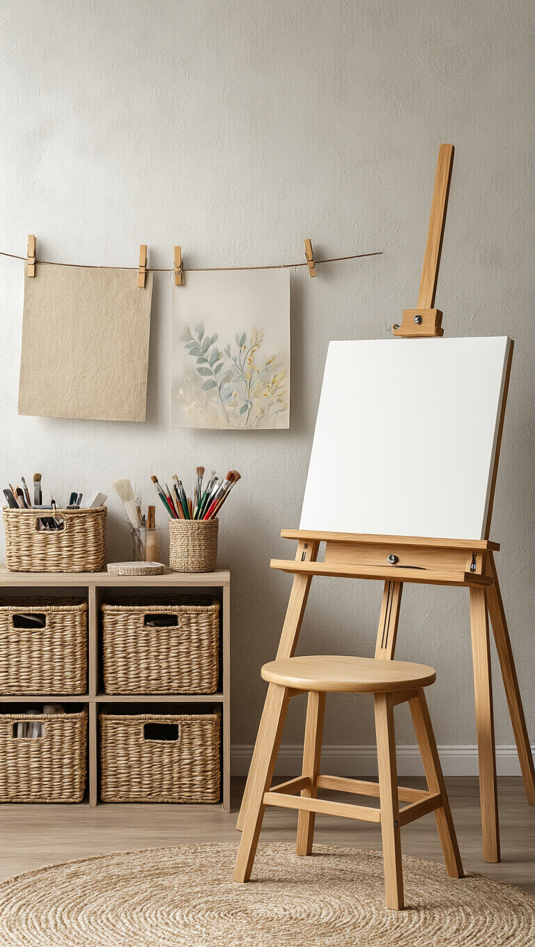 Artistic workspace with wood easel, stool, and woven baskets of art supplies against textured wallpaper; artwork hangs on drying lines with wooden clips.