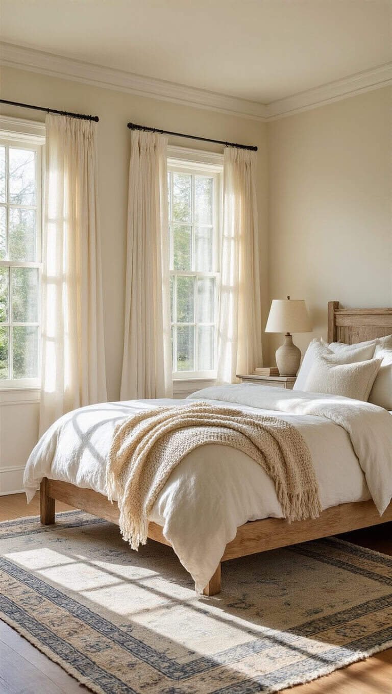 Sunlit cottage-style bedroom with cream walls, oak platform bed, white linen bedding, and vintage rug, softly lit by morning light through sheer curtains.