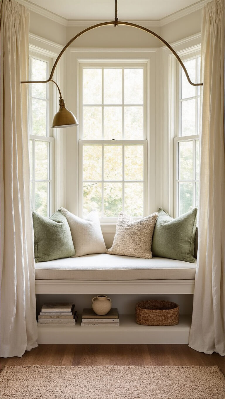 Cozy 6x8ft reading nook with bay window seat, cream cushions, sage and ivory pillows, arched brass floor lamp, oak shelf with books and dried flowers, bathed in golden hour light through white curtains.