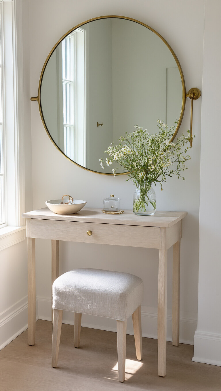 Minimalist vanity corner with white oak table, round brass mirror, linen stool, and natural light illuminating wildflowers and decor.