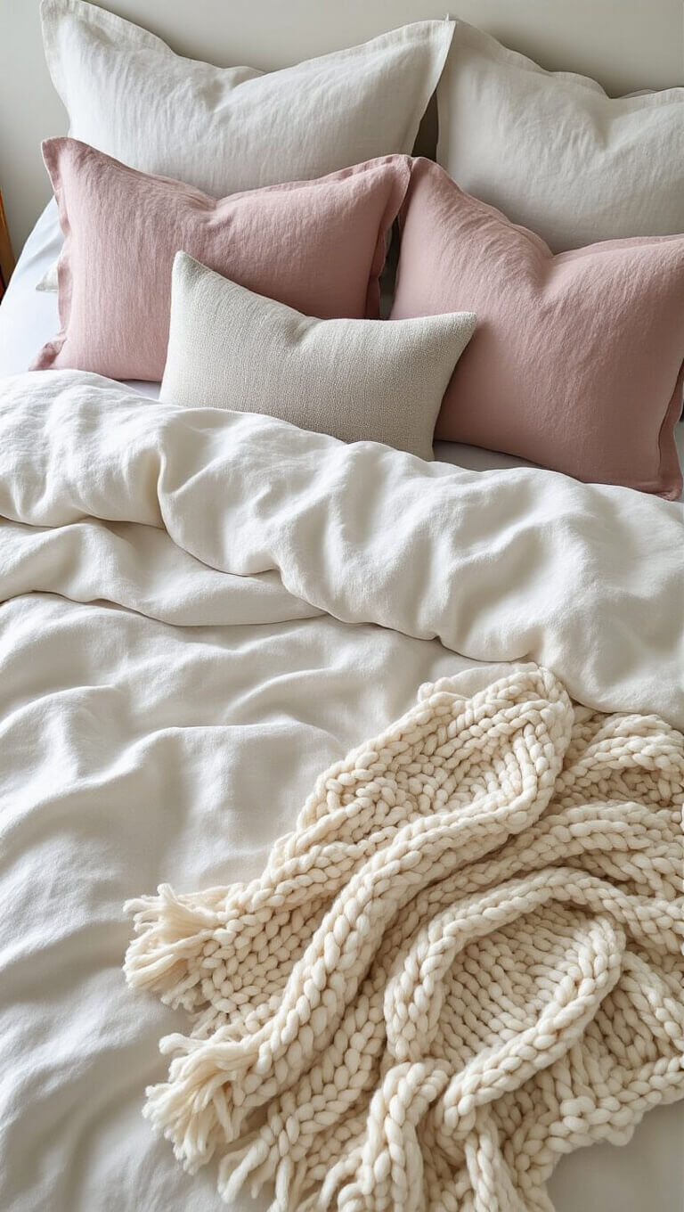 Close-up of layered bedding with white linen duvet, flax shams, rose and grey pillows, and cream knit throw in soft morning light.
