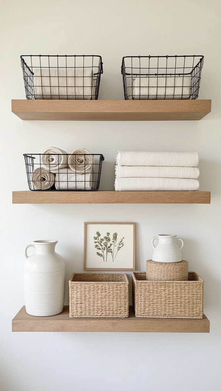 Styled wall with three floating oak shelves holding wire baskets, ceramic vessels, fiber boxes, and framed pressed botanicals.