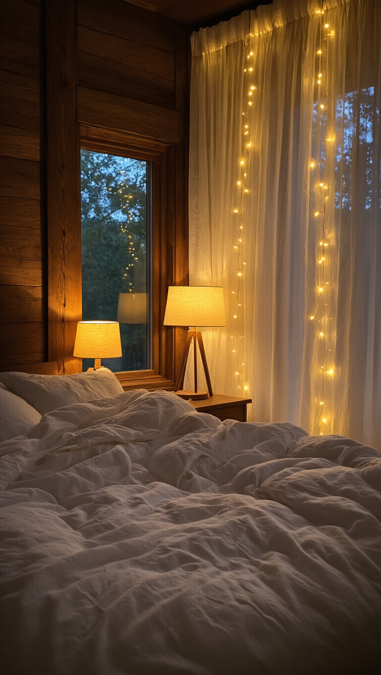 Cozy bedroom at dusk with warm table lamps, string lights behind sheer curtains, natural wood accents, and white bedding glowing golden.