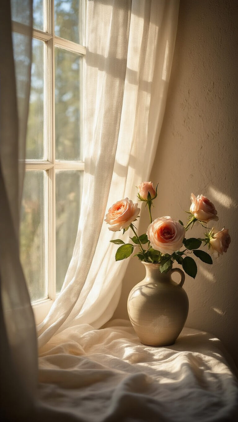 Macro of morning sunlight filtering through sheer curtains, casting soft shadows on a textured wall, with a ceramic vase of garden roses in gentle focus.