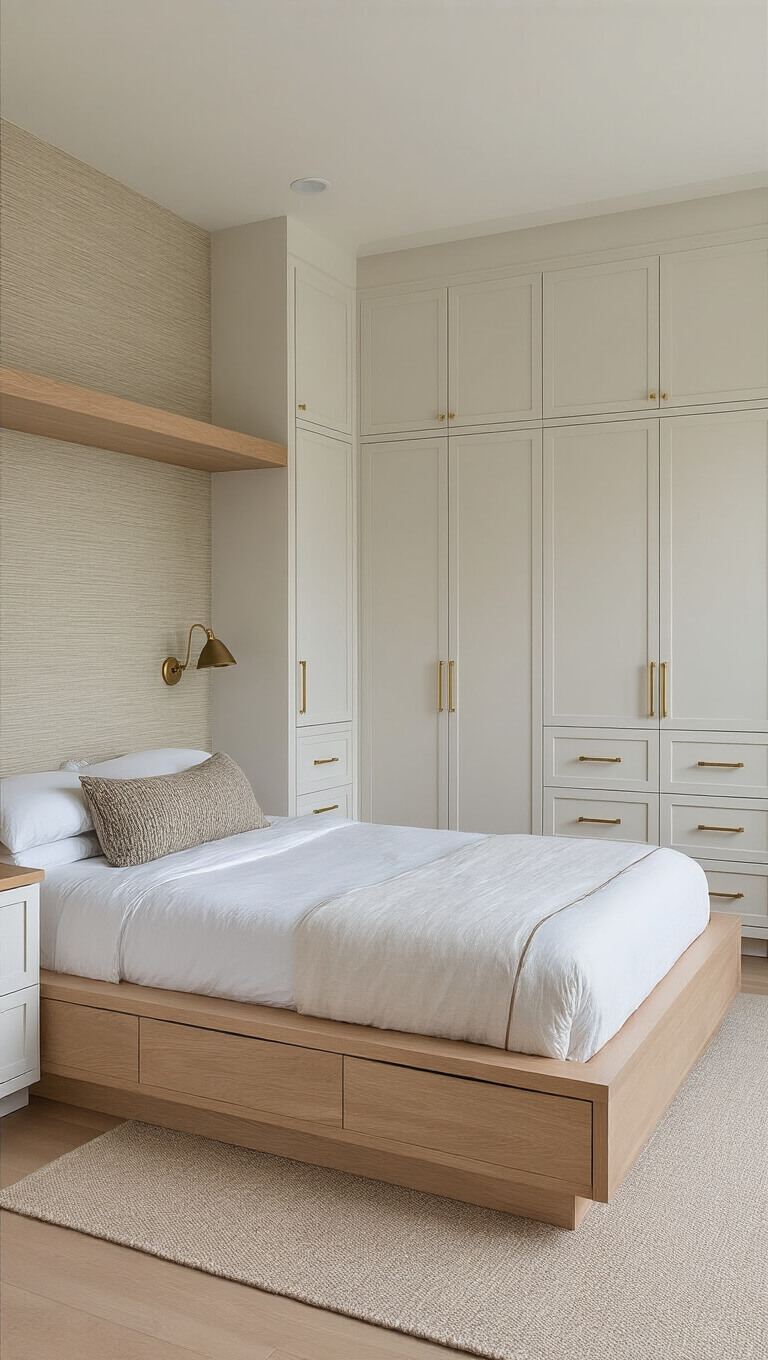 Minimalist 12x14ft bedroom with white oak built-in closet, platform bed with integrated nightstands, and grasscloth wallpaper.