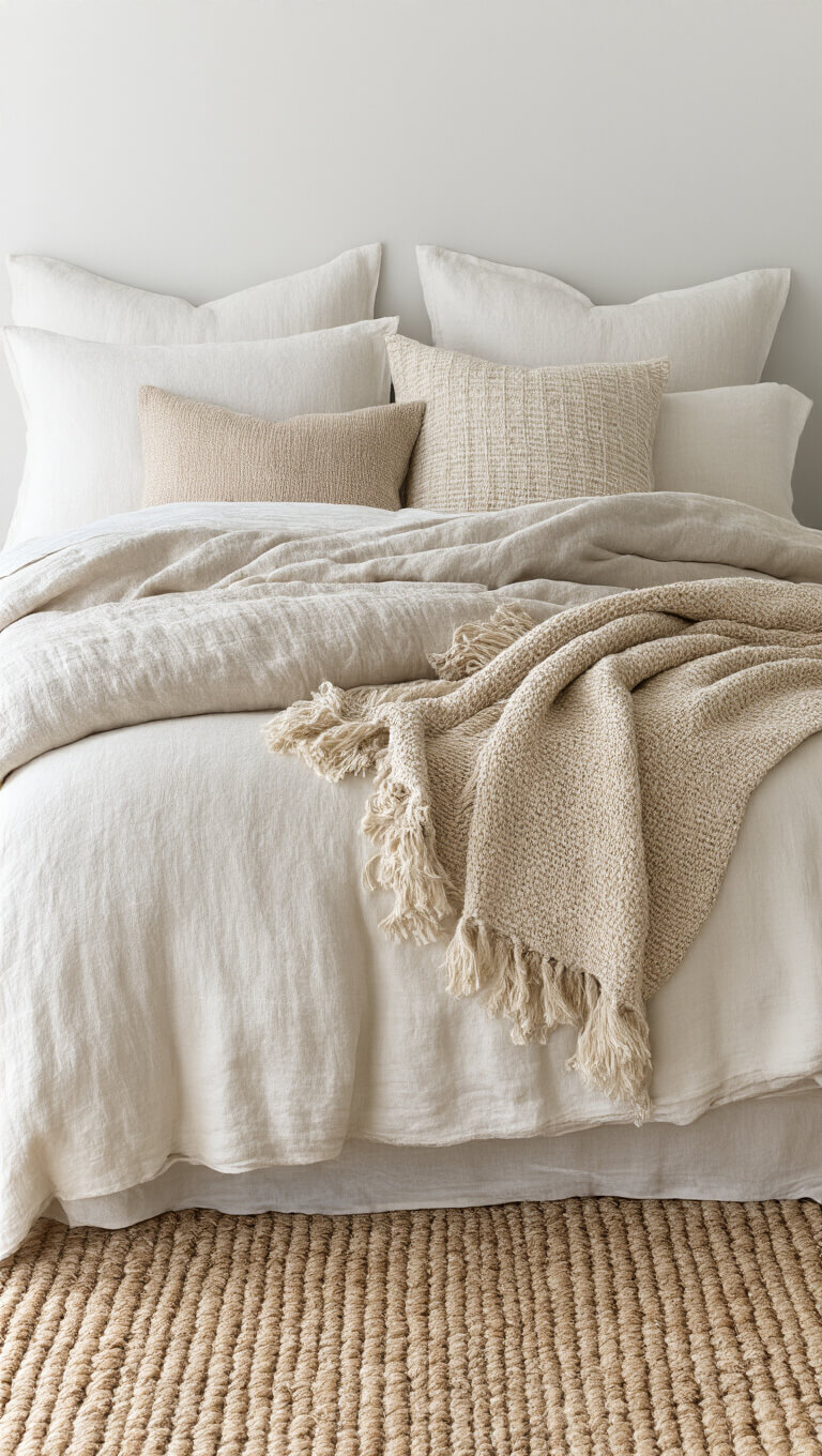 Side view of layered bed with vanilla Belgian linen duvet, oatmeal wool throw, neutral handwoven pillows, and natural fiber rug showcasing rich textures and tonal harmony.
