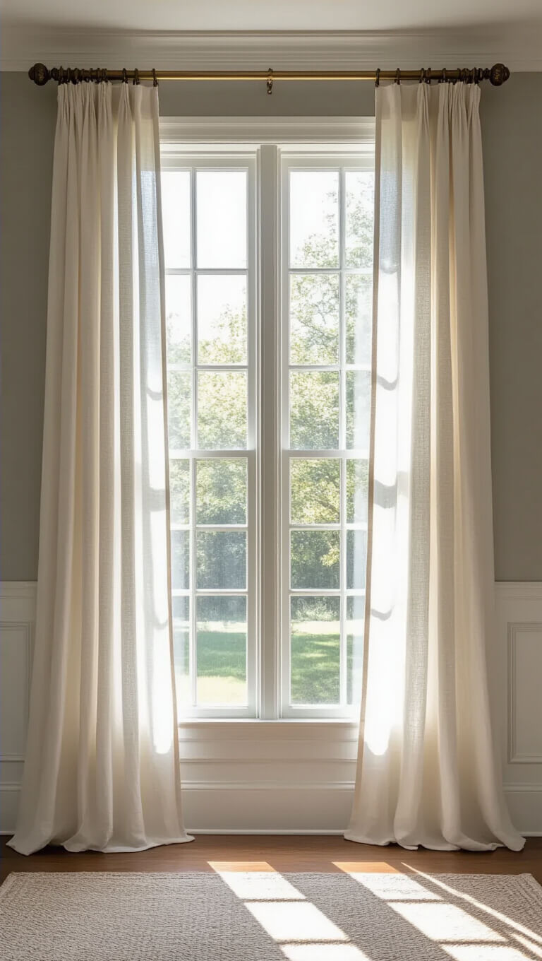 Elegant floor-to-ceiling sheer linen curtains on tall windows with vintage brass rod, soft light creating a dreamy, ethereal atmosphere.