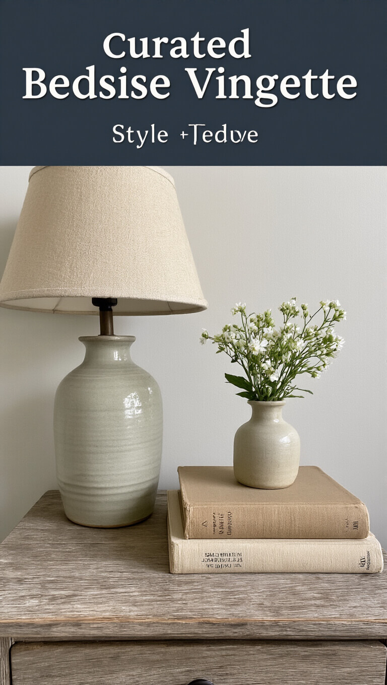 Curated nightstand with vintage ceramic lamp, bud vase of fresh flowers, and linen-bound books on weathered oak surface, viewed from 45-degree angle.