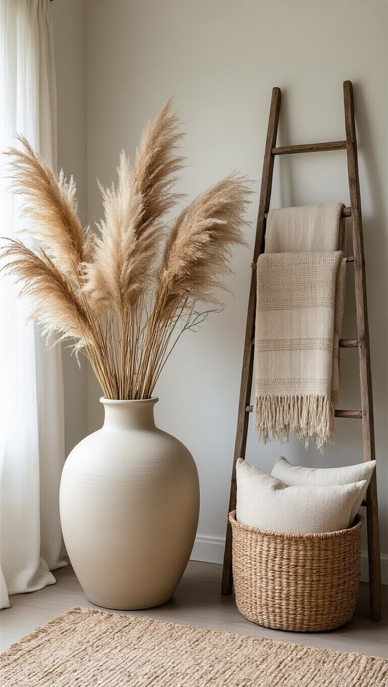 Cozy botanical corner with tall ceramic vase of pampas grass, vintage ladder with woven throws, and basket of pillows, shot from low angle.