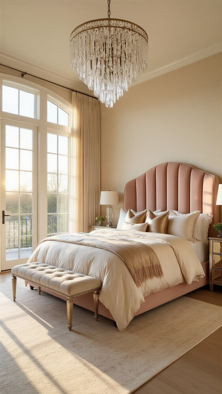 Luxurious master bedroom at golden hour with velvet headboard, silk bedding, crystal chandelier, and warm sunset light through floor-to-ceiling windows.
