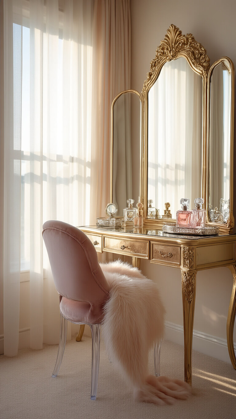 Low-angle view of a glamorous vanity corner at dawn with soft morning light filtering through sheer drapes, featuring a gold-leafed vanity, blush velvet ghost chair, mirrored tray with crystal perfume bottles, and fur throw.