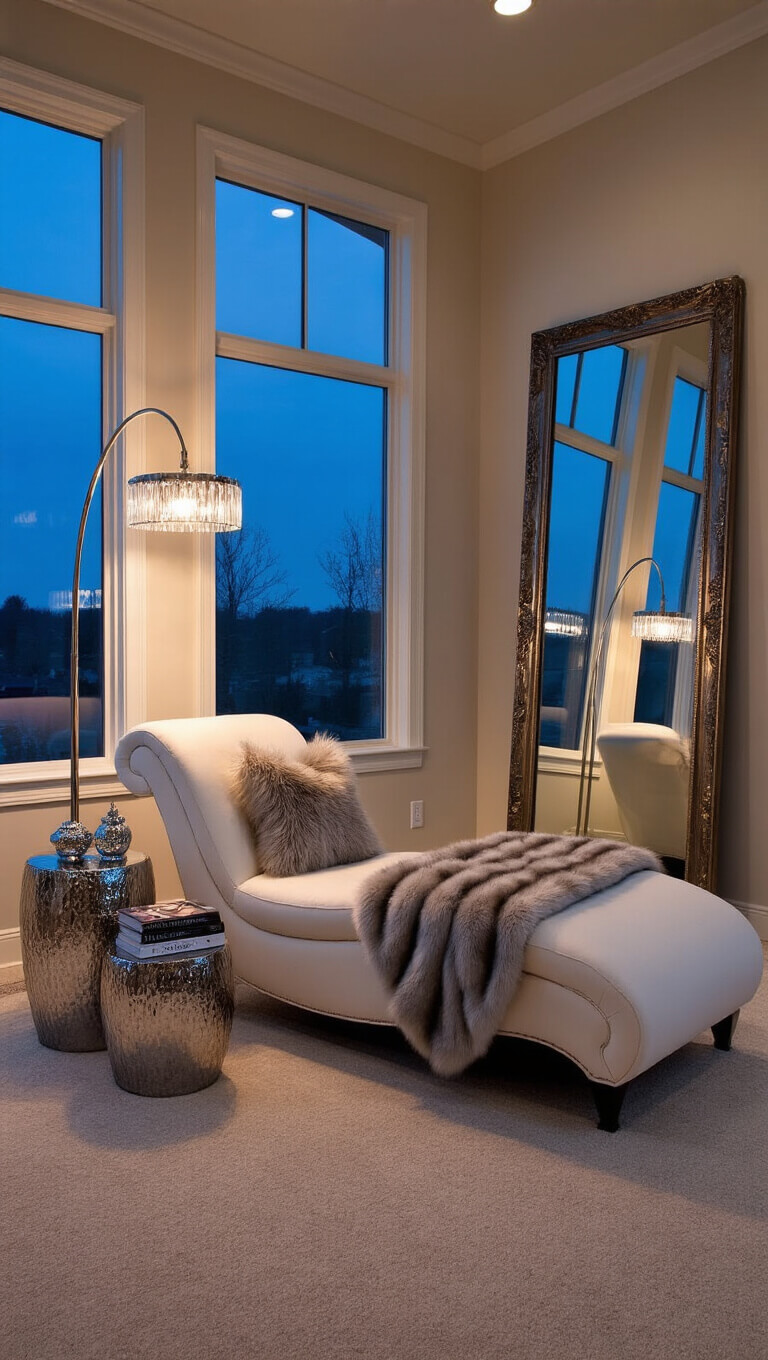Elegant master suite sitting area at twilight with ivory chaise lounge, silver faux fur throw, arched crystal floor lamp, metallic accent tables, fashion books, mercury glass vessels, and full-height antiqued mirror in moody lighting.