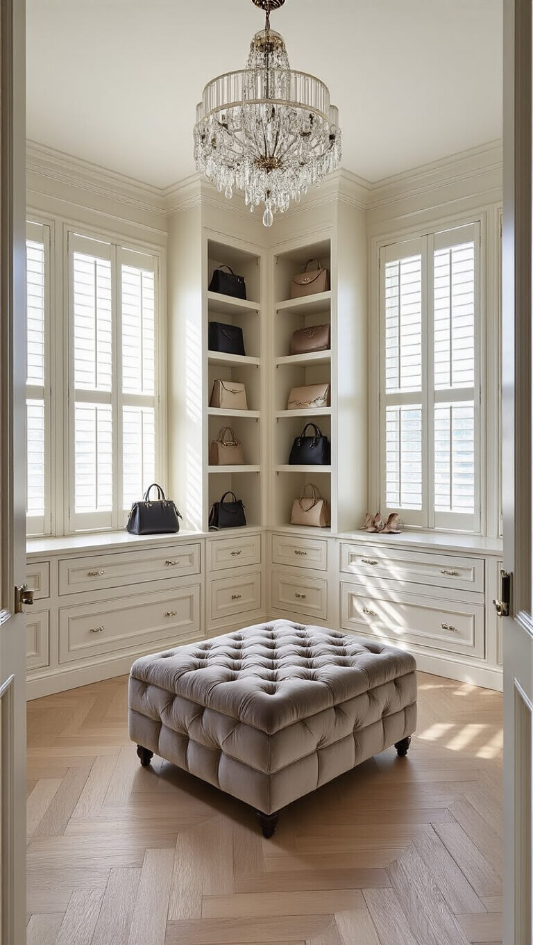 Elegant walk-in closet with herringbone hardwood floors, ivory built-ins, antiqued mirrors, and a crystal chandelier above a mink gray velvet ottoman, bathed in morning light.