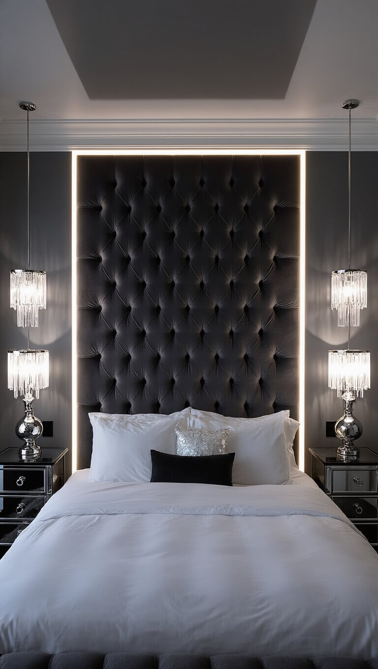 Moody nighttime bedroom with charcoal tufted headboard, white linens, metallic pillows, mirrored nightstands, and glowing crystal and LED lighting.